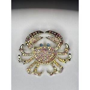 Crab Brooch AB Rhinestone Gold Tone Blue Eyes Beach Ocean Sea Life Pin 2"